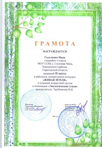 Сертификат Гальченко Ивана, районный конкурс 