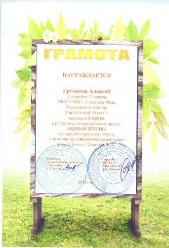 Сертификат Груничева Алексея, 11 класс, районный конкурс 